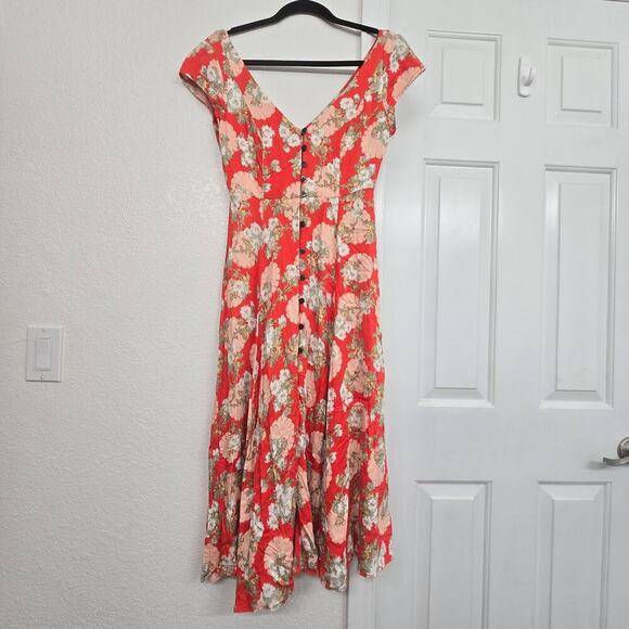 Urban Outfitters Coral Floral Babydoll Midi Dress V-Neck Cap Sleeve Button Sz XS - Picture 3 of 11